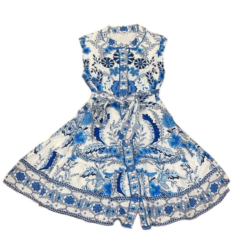 Chic Blue and White Floral Sleeveless Dress
